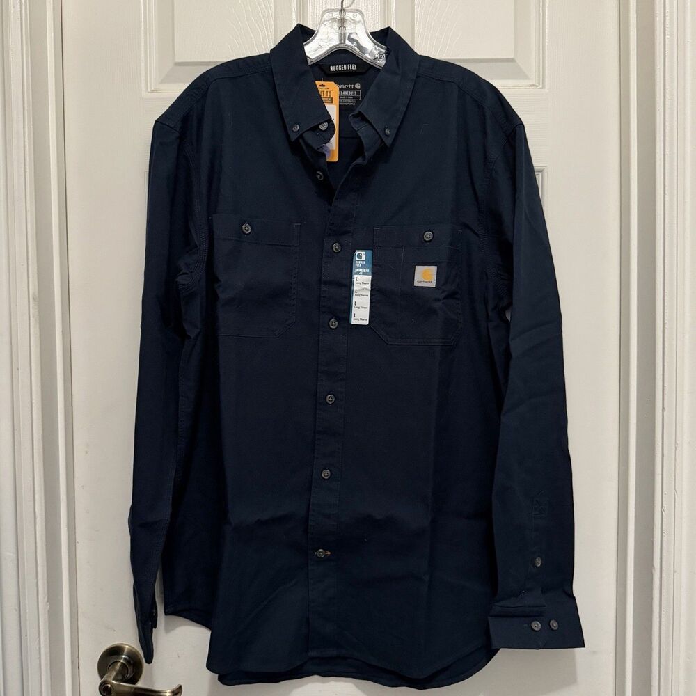 CARHARTT Men’s Rugged Flex Relaxed Fit Midweight Canvas LS Shirt  Navy Sz L. NWT